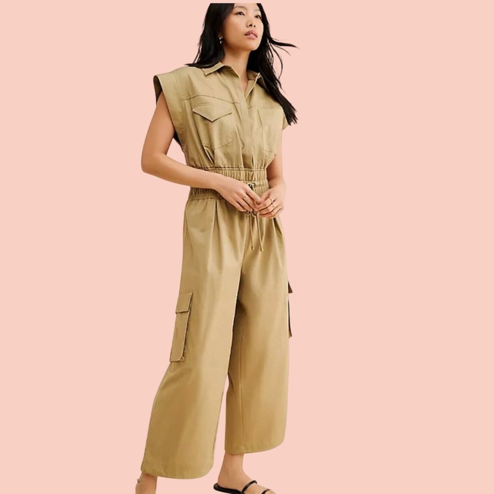 Farm Rio Cargo Jumpsuit Medium Olive Green Excellent Utilitarian Wide Leg